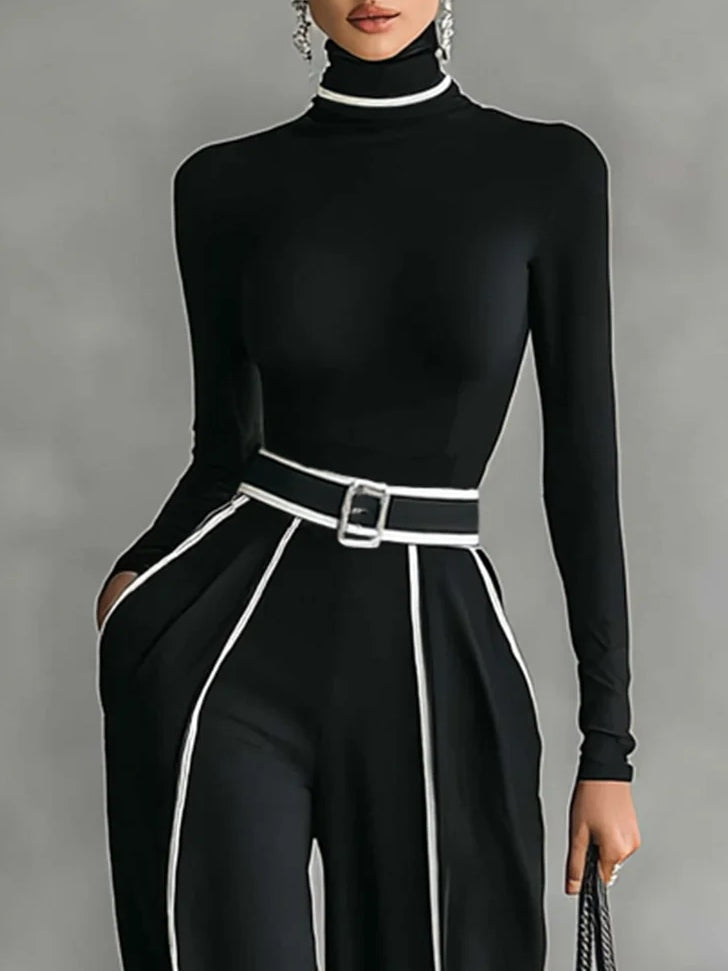 Solana - Long Sleeve Turtleneck and Wide Leg Pants Set with Belt