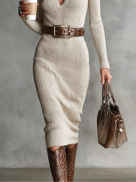 Gabriela | Midi Knit Dress with Belt and Mock Turtleneck