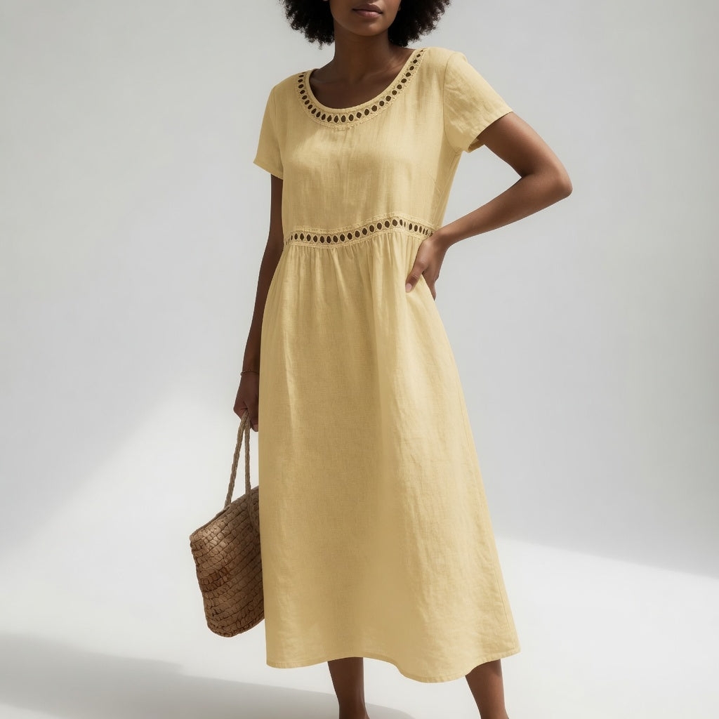 Pernelle™ — 100% Cotton Embroidered Midi Dress Soft Femininity