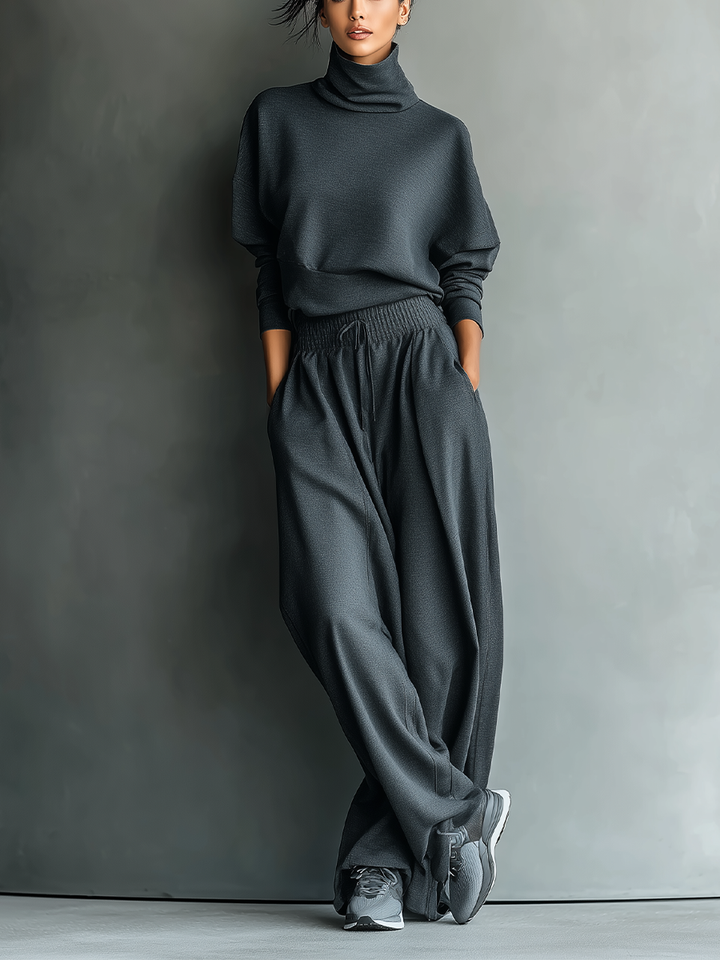 Women's Charcoal Knit Set with High Neck and Wide Leg Pants