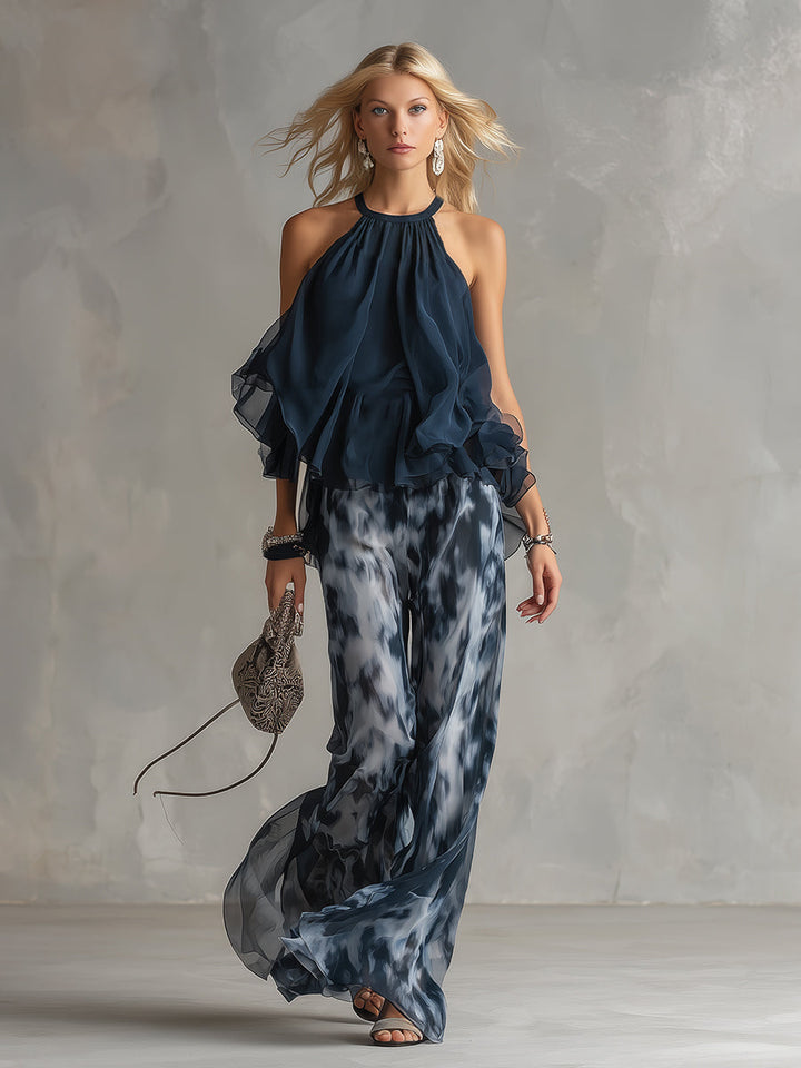Ludovica | Stylish Navy Halter Top and Wide-Leg Printed Set
