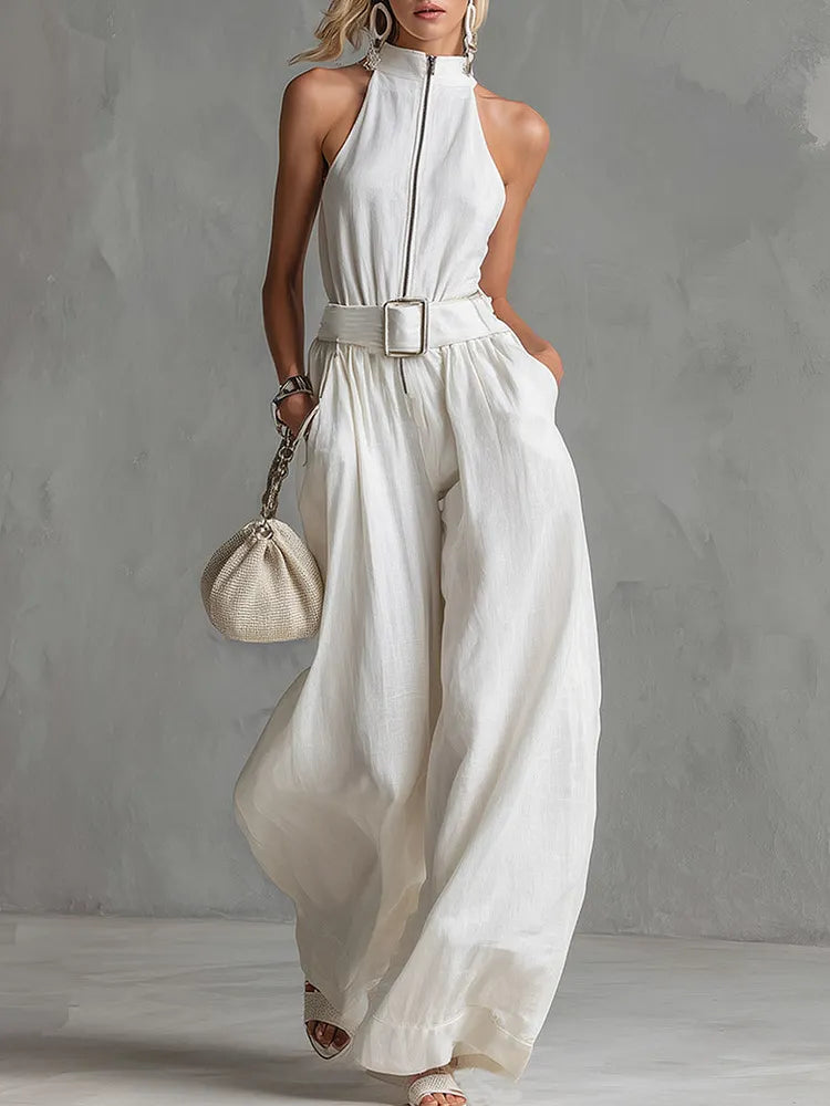 Elegant City Jumpsuit – Belted, Sleeveless, Wide-Leg Fit • S1