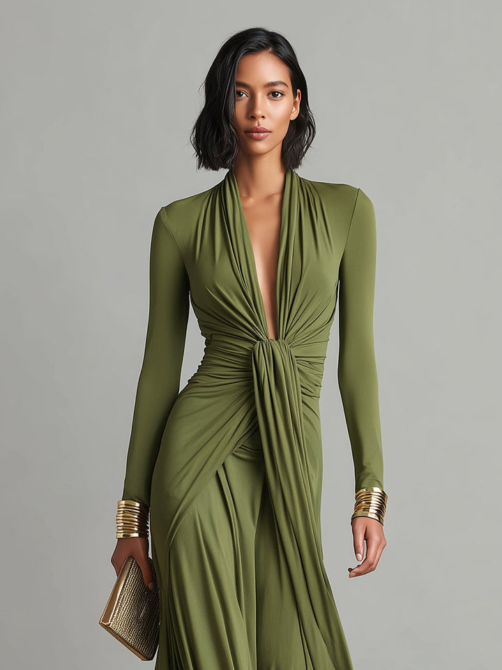 Olive Green Long Dress in Stretch Silk with Deep V-Neck and Ruffled Details, Glamour Maxi Dress