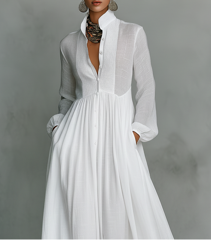 Elisa - Maxi Minimalist Dress with Patchwork, High Collar and Long Sleeves
