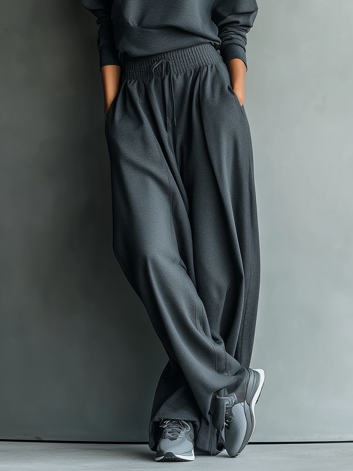 Women's Charcoal Knit Set with High Neck and Wide Leg Pants