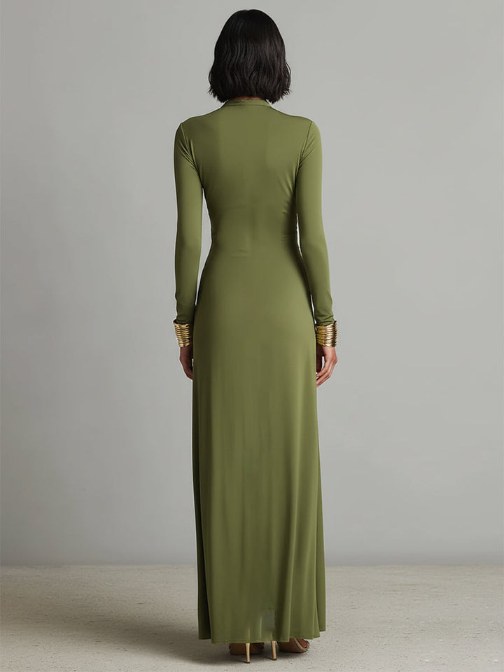 Olive Green Long Dress in Stretch Silk with Deep V-Neck and Ruffled Details, Glamour Maxi Dress