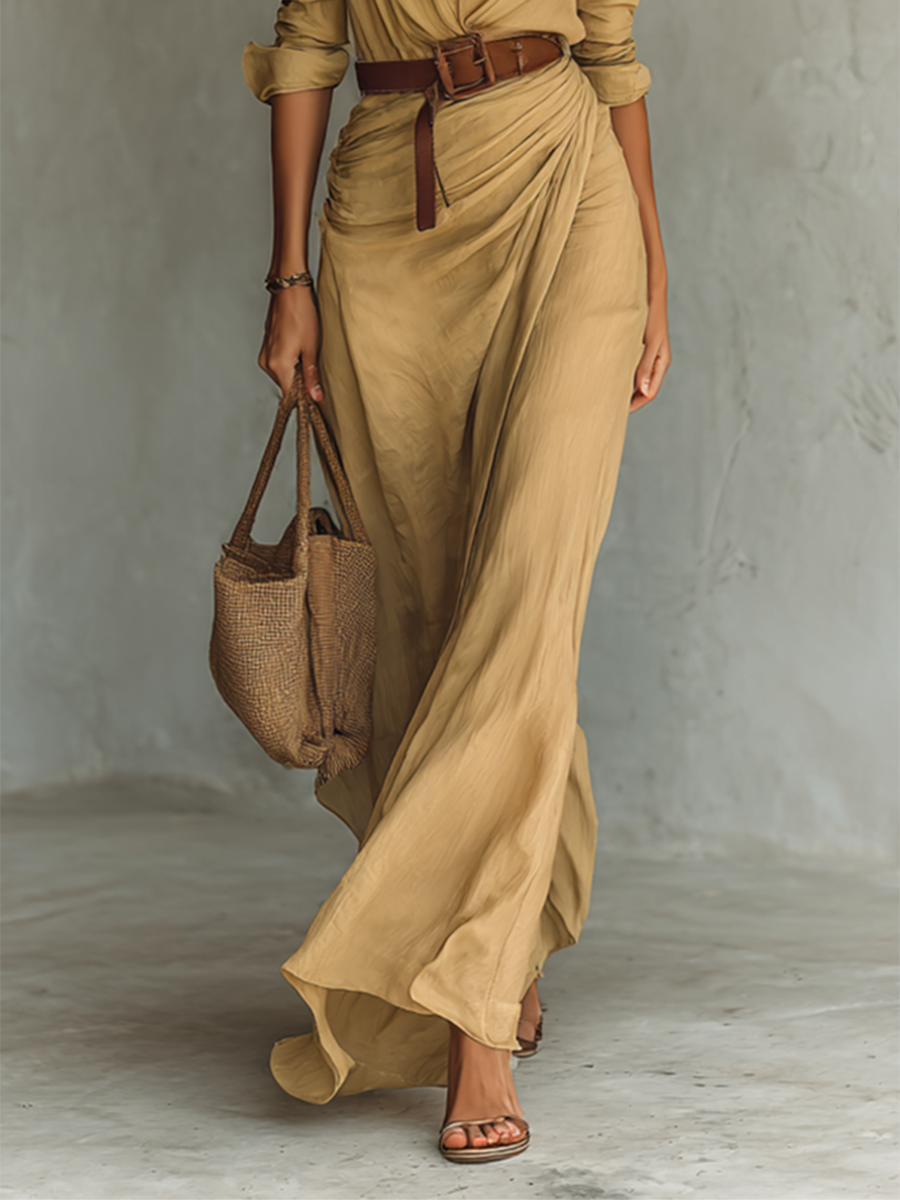 Long Maxi Dress with Notched Collar and Long Sleeves for Women