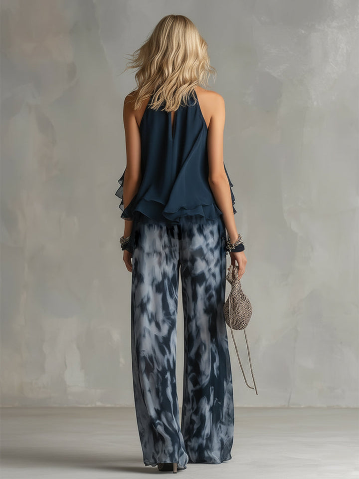 Ludovica – Elegant chiffon set with high-neck top and wide-leg printed trousers • S1