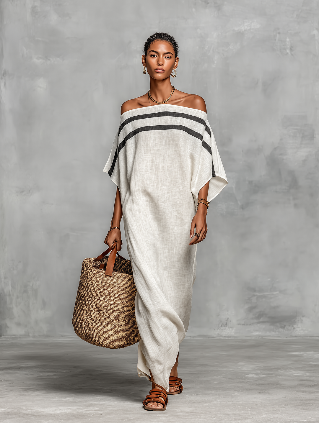Minimalist Maxi Dress for Women with Off-the-Shoulder Neckline and Batwing Sleeves