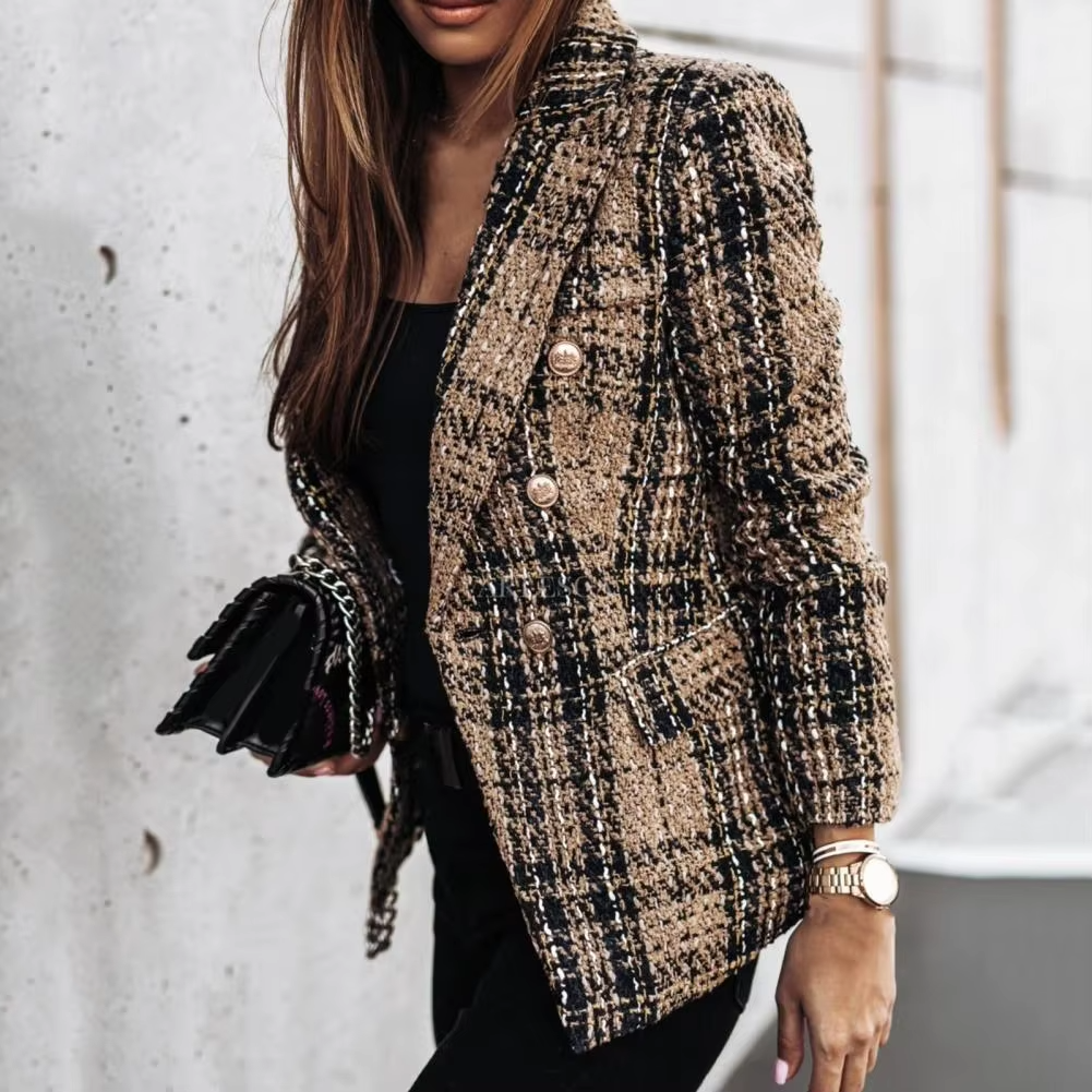 Avery™ - Modern Plaid Print Double Breasted Spring Blazer