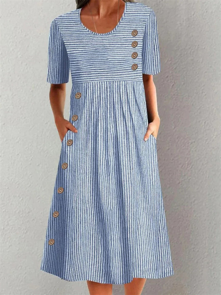 Hazel | Striped Midi Dress with Button Detail and Side Pockets