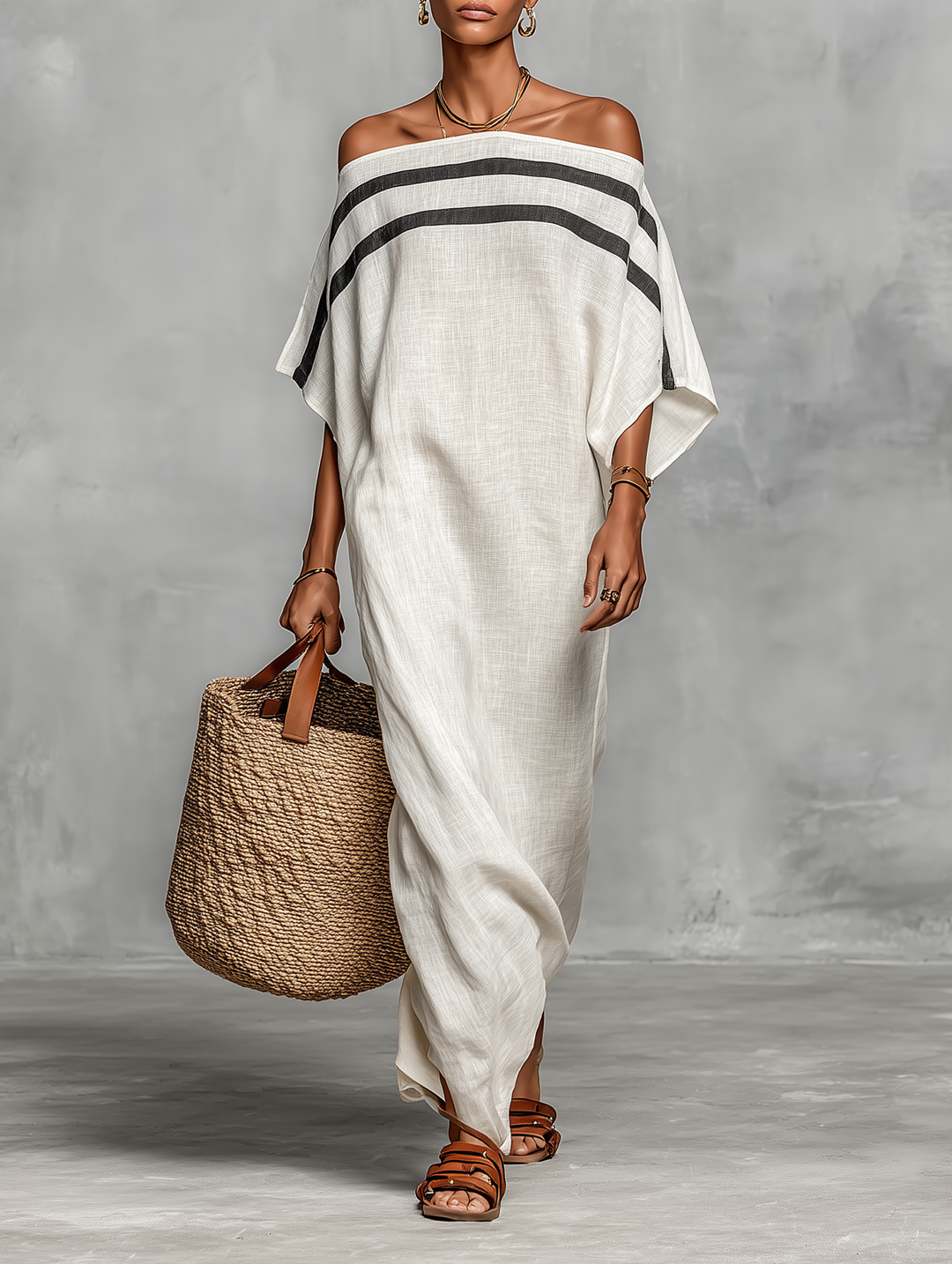 Minimalist Maxi Dress for Women with Off-the-Shoulder Neckline and Batwing Sleeves