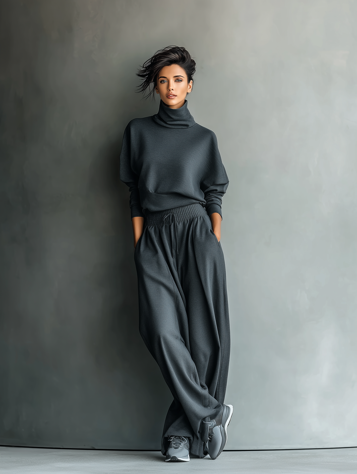 Women's Charcoal Knit Set with High Neck and Wide Leg Pants