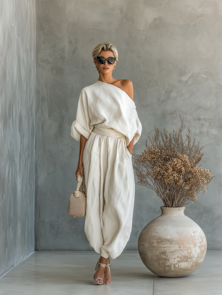 Women's Off-White Linen Set with Off-Shoulder Top and Tapered Pants • S1
