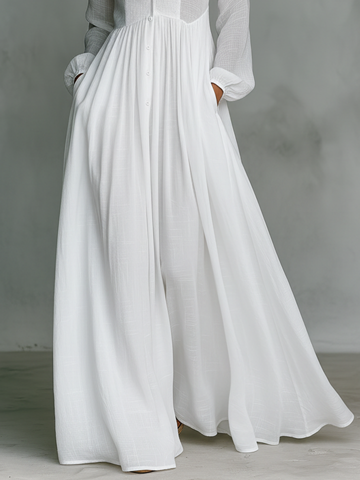Elisa - Maxi Minimalist Dress with Patchwork, High Collar and Long Sleeves