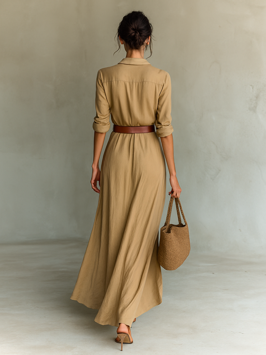 Long Maxi Dress with Notched Collar and Long Sleeves for Women