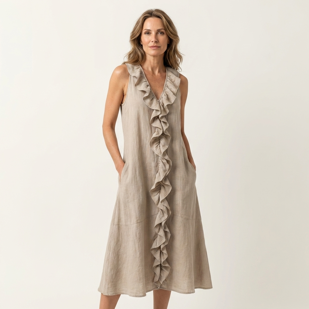 Vicky | Ruffle-Front V-Neck Sleeveless Linen Maxi Dress