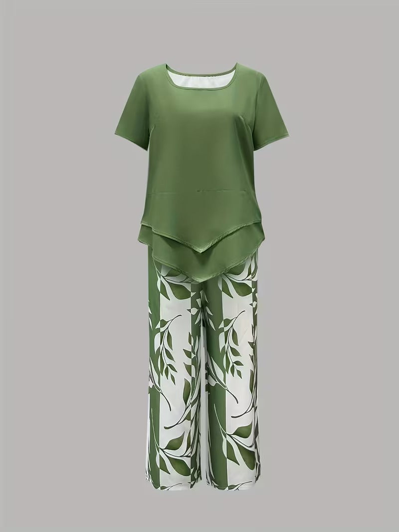 Avy™ | Casual Leaf-Print Two-Piece Set