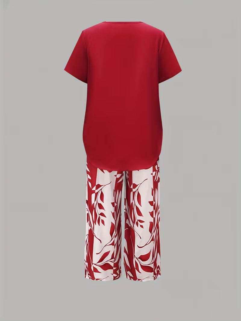Avy™ | Casual Leaf-Print Two-Piece Set