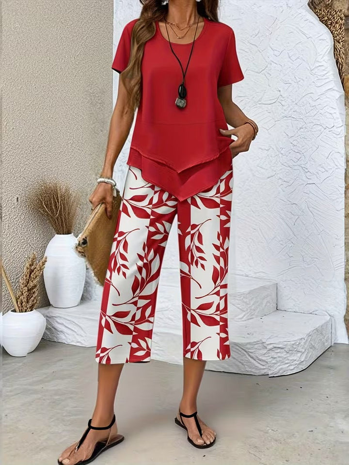 Avy™ | Casual Leaf-Print Two-Piece Set