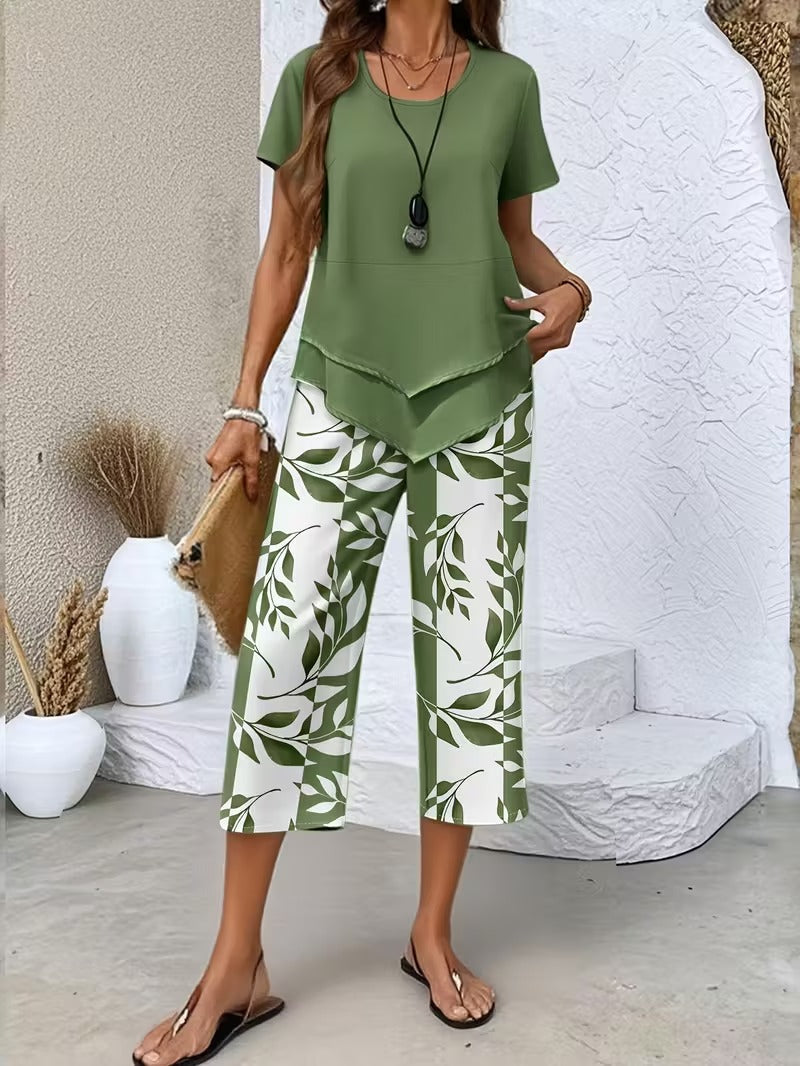 Avy™ | Casual Leaf-Print Two-Piece Set