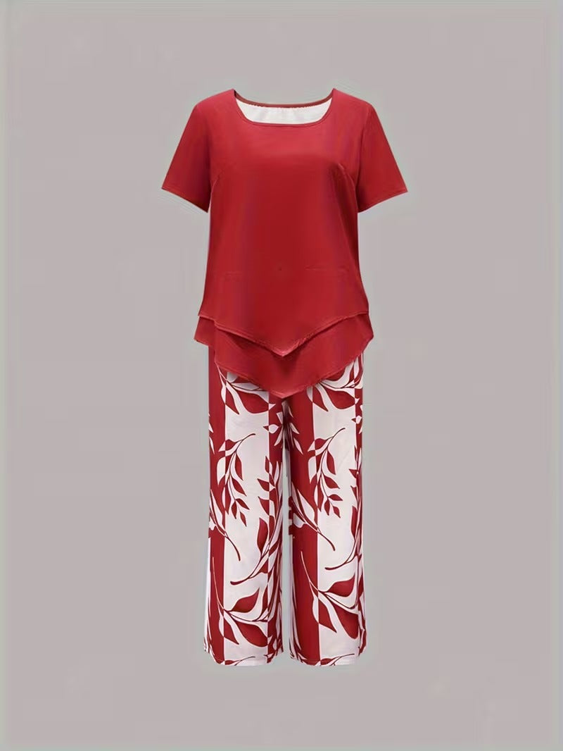 Avy™ | Casual Leaf-Print Two-Piece Set