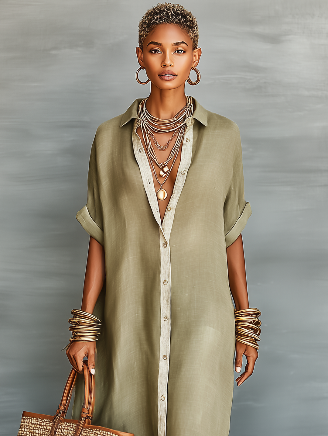 Women's Minimalist Short-sleeved Shirt Maxi Dress
