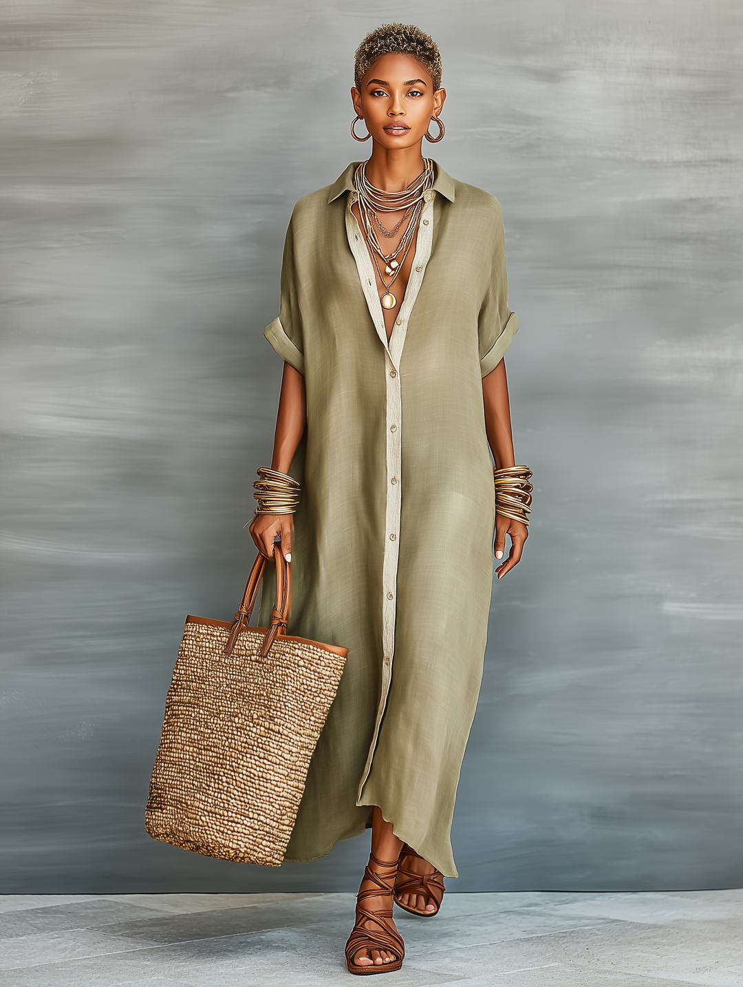 Women's Minimalist Short-sleeved Shirt Maxi Dress
