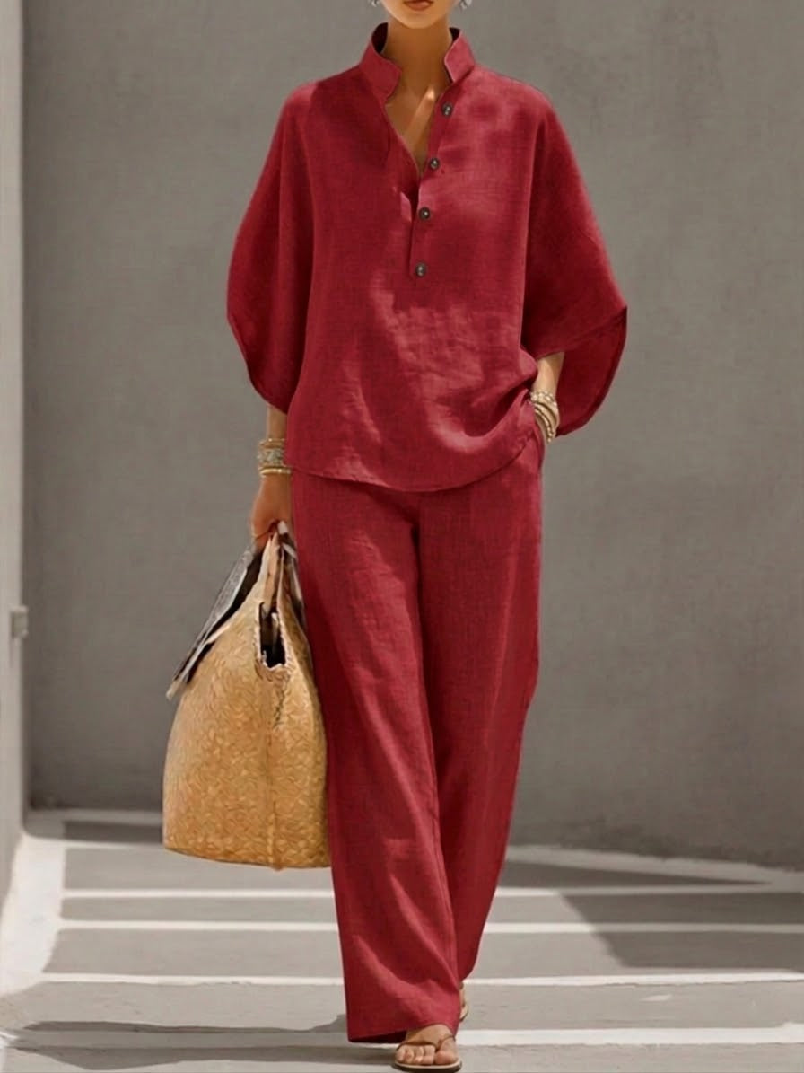 Eszter™ – Cotton-linen set with batwing sleeves and wide-leg trousers • S1