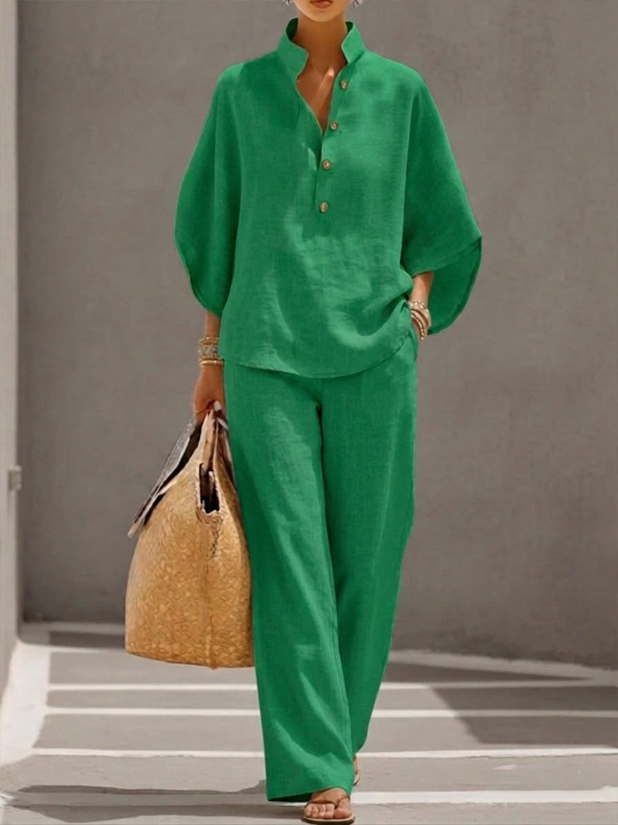 Eszter™ – Cotton-linen set with batwing sleeves and wide-leg trousers • S1