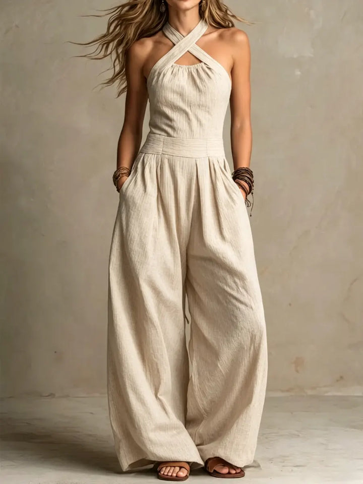 Bianca | Elegant linen and cotton jumpsuit with crossover neckline