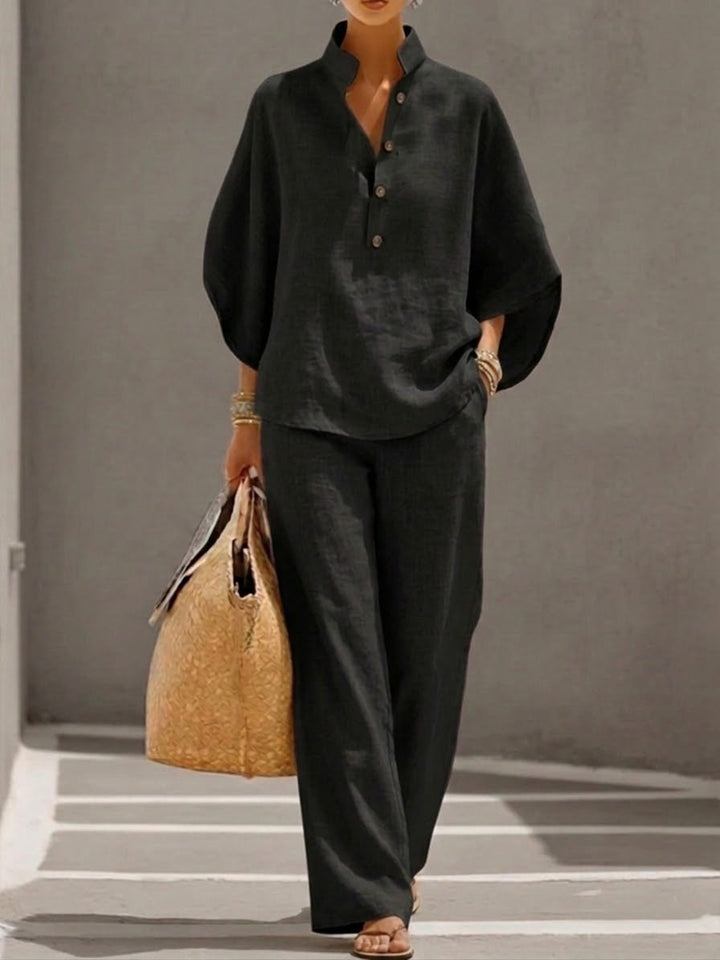 Eszter™ – Cotton-linen set with batwing sleeves and wide-leg trousers • S1