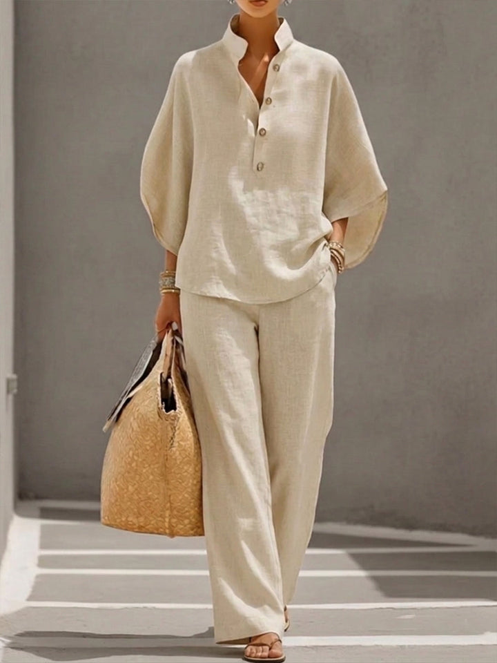 Eszter™ – Cotton-linen set with batwing sleeves and wide-leg trousers • S1