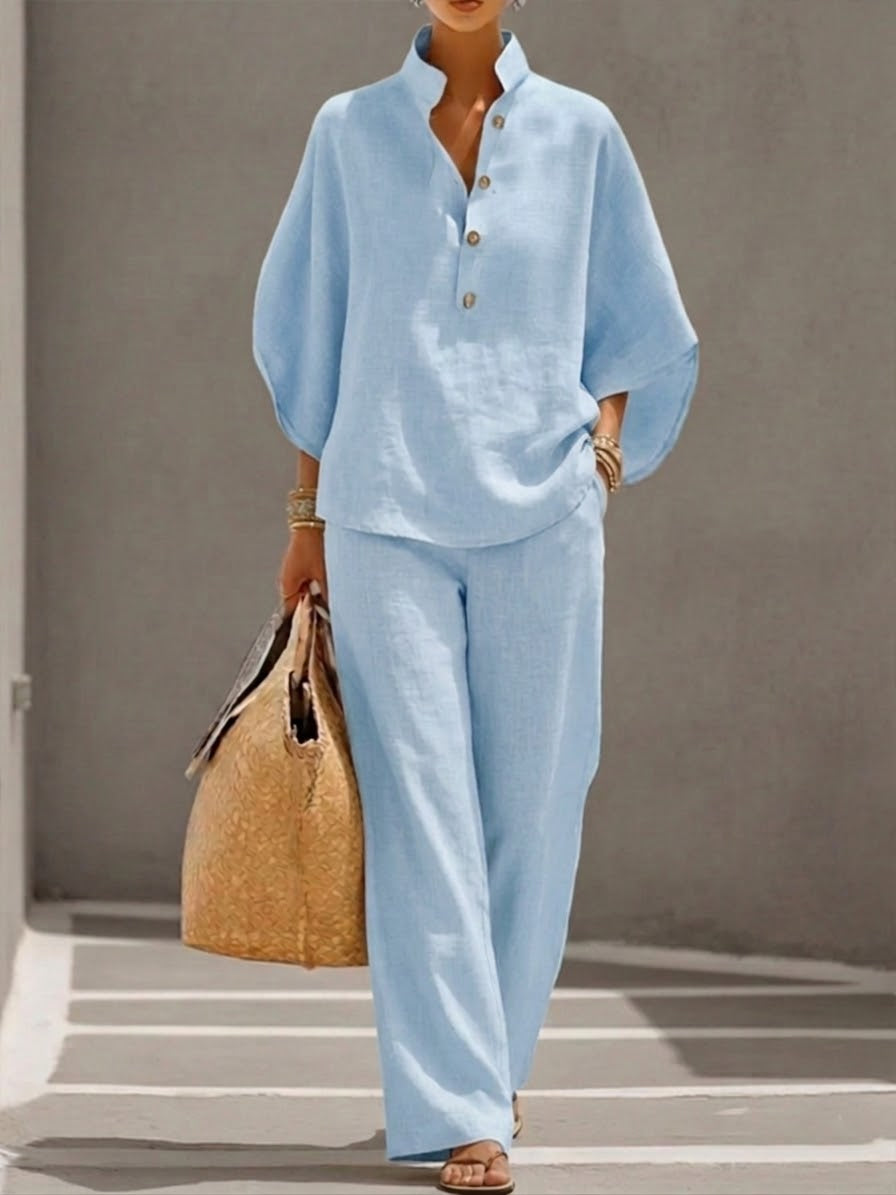 Eszter™ – Cotton-linen set with batwing sleeves and wide-leg trousers • S1