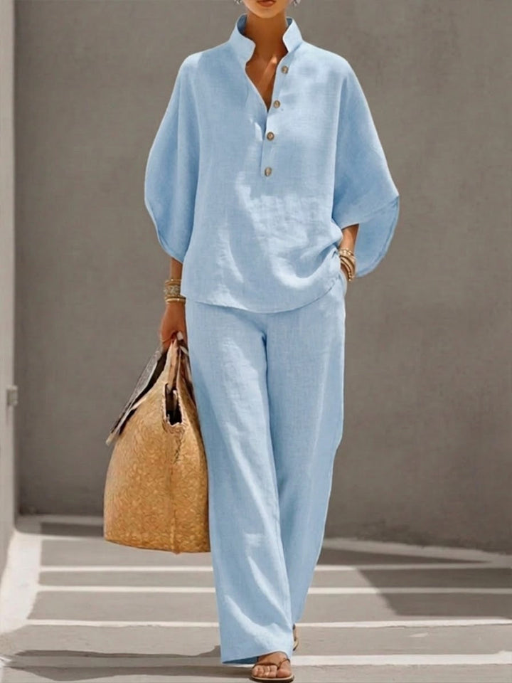 Eszter™ – Cotton-linen set with batwing sleeves and wide-leg trousers • S1