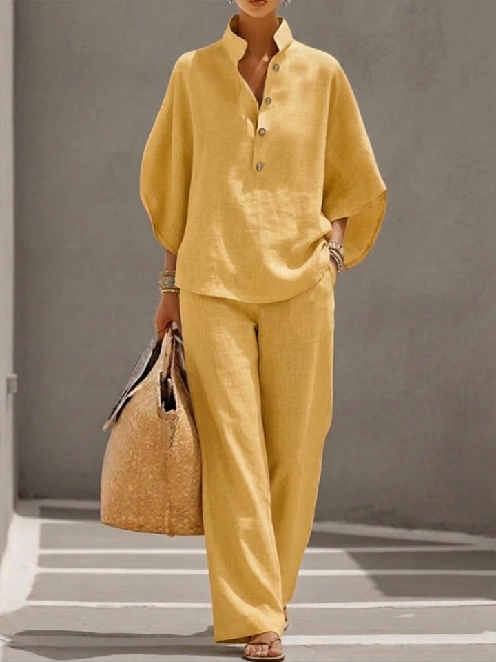 Eszter™ – Cotton-linen set with batwing sleeves and wide-leg trousers • S1