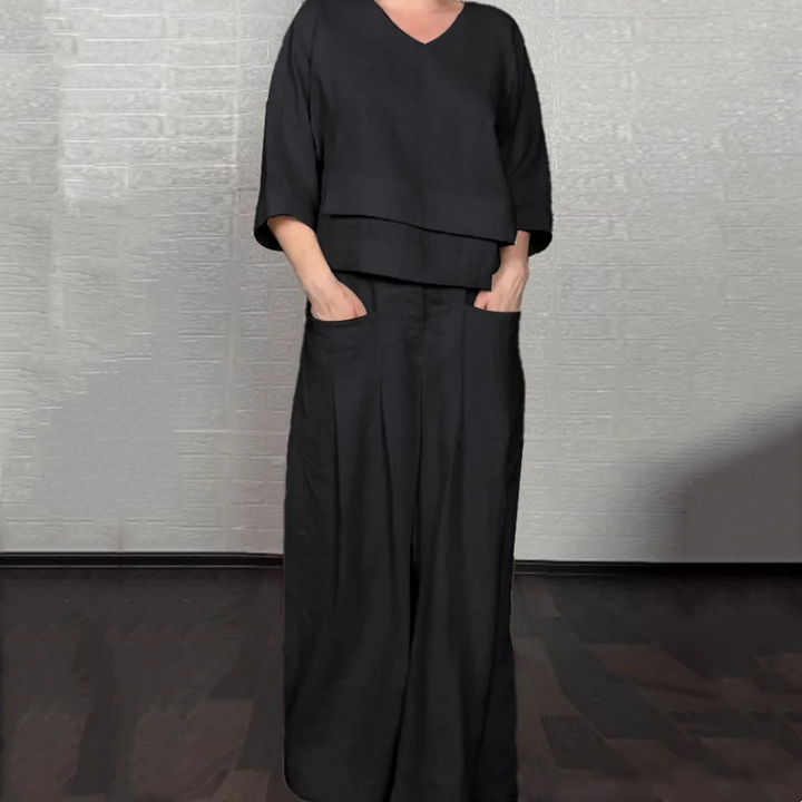 Liza | 2-piece cotton-linen set – V-neck top and wide-leg trousers