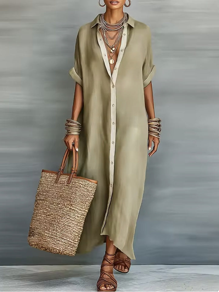 Manelle | Long Olive Green Dress with Minimalist Lines