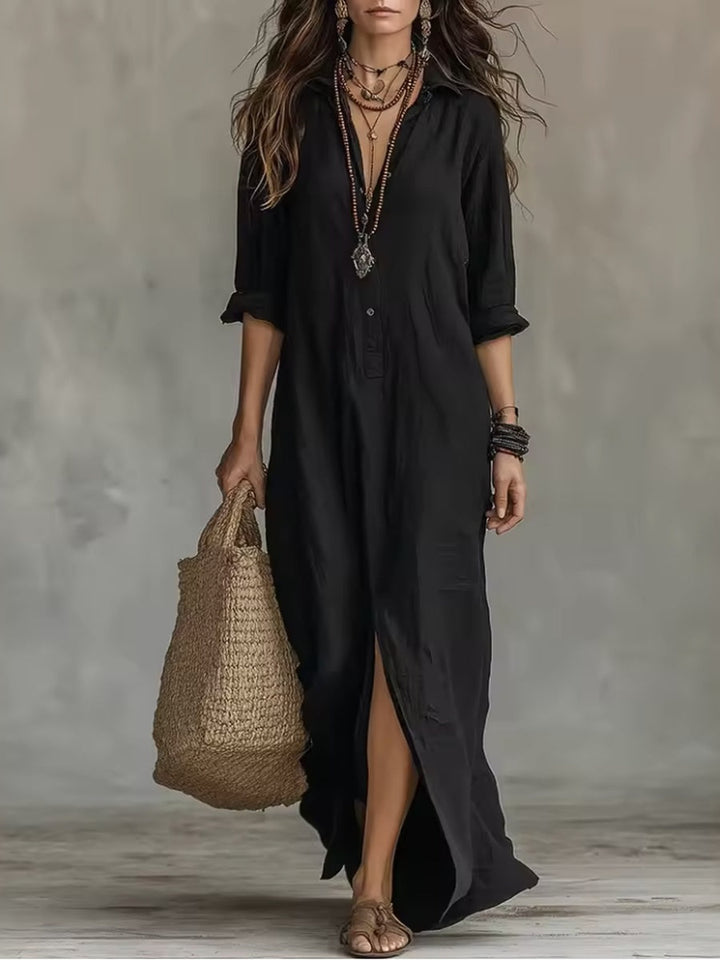 Soline | Black Long Flowing Dress with Buttons